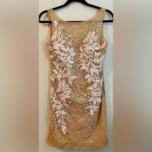 JOVANI Vintage Tan Floral Embellished Sequin Jeweled Midi Dress, Size 2
